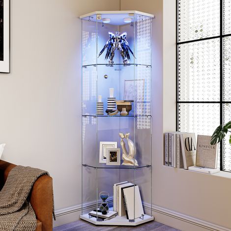ADWOLT - Vitrine en verre –LED circulaire–Vitrine de collection pentagonale–1 Portes et 4 étagères– 60x40x162cm– Blanc