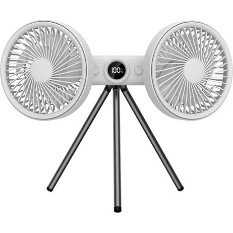 Ventilateur sur trépied à double tête avec 3 vitesses, batterie de 3600 mAh, affichage numérique LED et flux d'air puissant pour bureau.