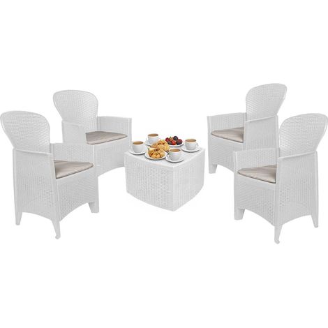 Dmora - Set salotto da esterno Sulzano, Salottino outdoor o indoor, 4 poltrone con braccioli con un tavolino contenitore, Made in Italy, Bianco (1/3)