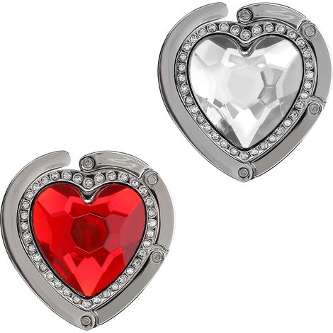 2 Pcs Handbag Hook - Foldable Metal Bag Hanger - Bag Holder for Table or Desk - Hanging Handbag and Small Items - Red-Silver Hearts (1/5)