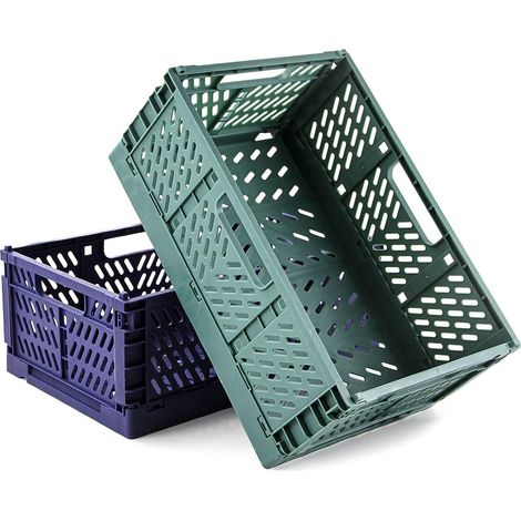 Lot de 2 Caisses Rangement Pliable Cagettes Plastique Empilable Caisse Pliante avec Poignée pour Cuisine, Chambre à Coucher, Bureau(bleu+vert foncé, 30 x 20 x 12 cm) (1/5)