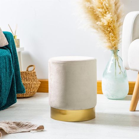Lot de 2 poufs ronds en velours gris H36 × D29 cm, tabouret repose‑pied petit siège pour chambre et salon (1/5)