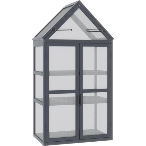 Mini Serre de Jardin en Bois avec Panneaux Polycarbonate 3 Étagères et Toit Ouvrant pour Balcon Terrasse 70,5x42x132cm (1/5)