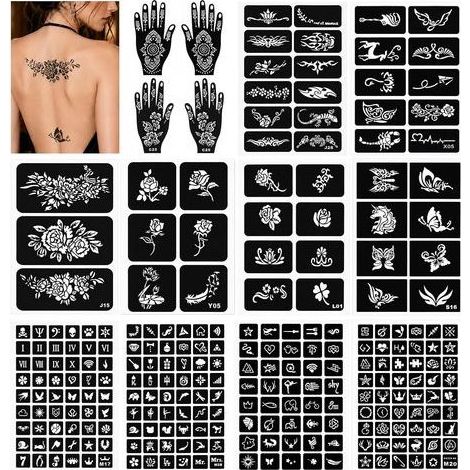 253 Pochoirs Tatouage Henné Set, dont 4 Grands Pochoirs Henné Main Réutilisables, Pochoir Tatouage Temporaire pour Festival Halloween Maquillage Visage Corps (1/5)