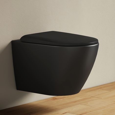 EMKE WC Suspendu Sans Bride Céramique 49 x 37 x 37 cm, Rinçage Double et Abattant Soft-Close à Déclipsage Rapide, Noir Mat (1/5)