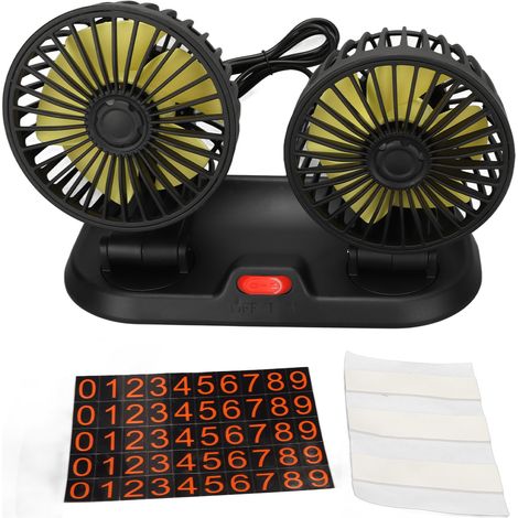 Ventilateur voiture double tête 360° rotation silencieux 12V allume-cigare avec autocollant numéros pour camping-car quad bateau (1/5)