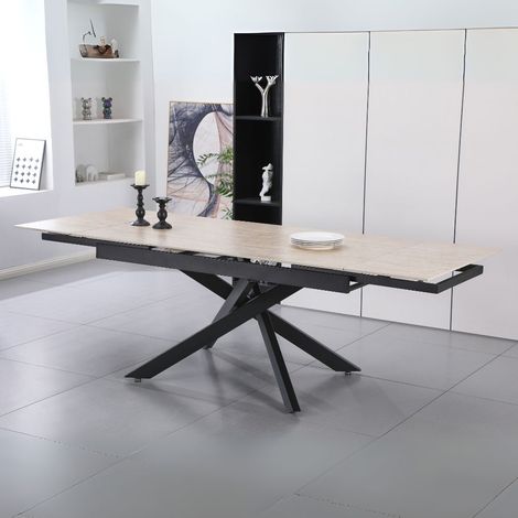 Tavolo allungabile piano in ceramica effetto marmo travertino e gambe in metallo nero 160x90x75.5H cm