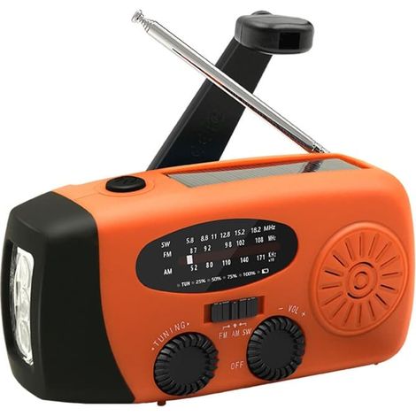 Radio d'urgence à manivelle, radio solaire AM/FM avec lampe torche LED et batterie externe 2000 mAh