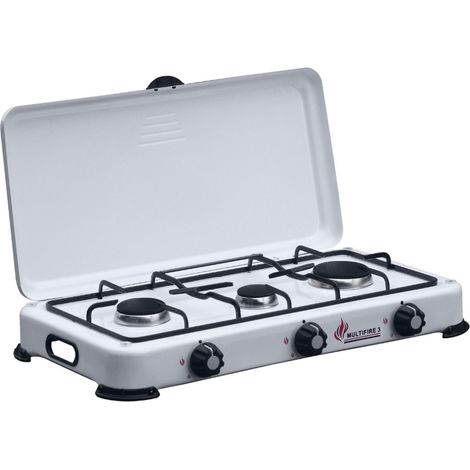 Réchaud gaz 3 feux 4100W - Brûleurs fonte Amovibles Grille et Couvercle - Plaque de Cuisson Gaz Butane ou Propane