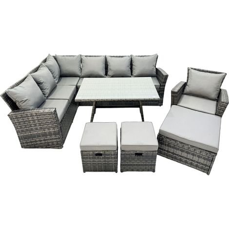 Fimous 10 Seat Rattan High Back Corner Sofa Set Patio Dining Table Set with 3 Footstool Dark Grey Mixed (1/5)