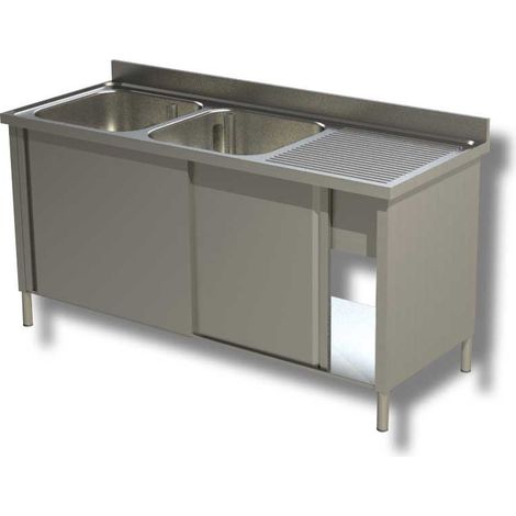 Plonge Inox sur Meuble avec Portes Coulissantes 2 Eviers à Gauche - Gamme 600 - Ristopro