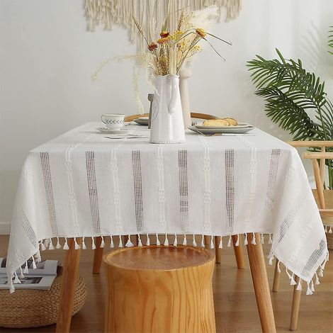 nappe Rectangulaire Anti Tache Nappe(blanc, 140 X 180 Cm) Lin Coton Tassel Nappe De Broderie Pour Table Basse, Picnic, Dcoration De Bureau De Cuis (1/5)