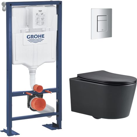 Grohe Pack WC Bâti Solido + WC sans bride SAT Noir mat + Plaque chrome