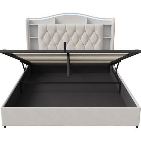 Lit Coffre 160x200 cm, Lit Double 160x200 cm en Velours, avec Sommier à Lattes, Tête de Lit LED Lumineuse, Rangement Ouvert, Ports USB et Type-C - Beige