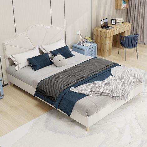 Lit cadre 140x200 cm beige avec tête de lit rembourrée, sommier inclus, structure basse moderne en velours, sans matelas (1/5)