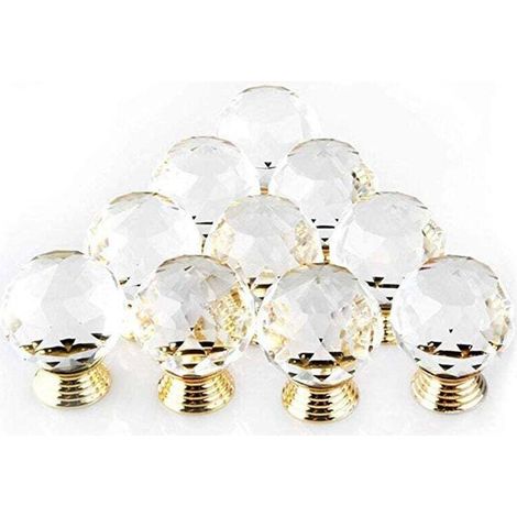 Promotional Set of 10 Crystal Gold Door Knobs, 30mm Diameter. Round Glass Cabinet Knobs, Decorative Knobs for Furniture and Drawers (1/5)