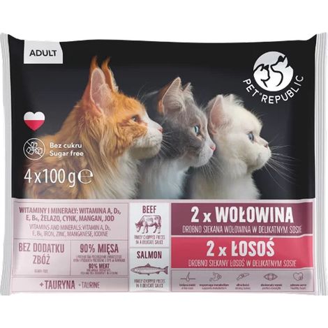 PetRepublic comida húmeda para gatos adultos, sabor a ternera y salmón, 4 x 100 g (1/5)