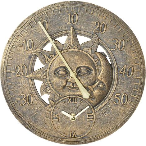 Trintion Garden Thermometer Clock Analogue Wall Bronze Sun & Moon 30cm Clock with Vintage Style,Weatherproof Battery Operated Thermometer Weather Station for Garden Indoor or Outdoor Wall (1/5)
