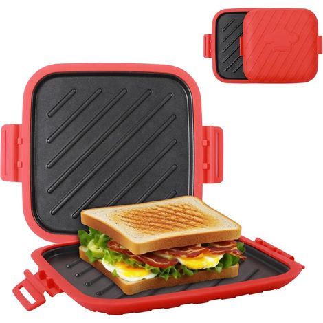 Grille-pain pour micro-ondes, appareil à sandwichs pour micro-ondes, revêtement antiadhésif amovible, compatible lave-vaisselle, préparation rapide et facile du petit-déjeuner et des en-cas, rouge. (1/4)