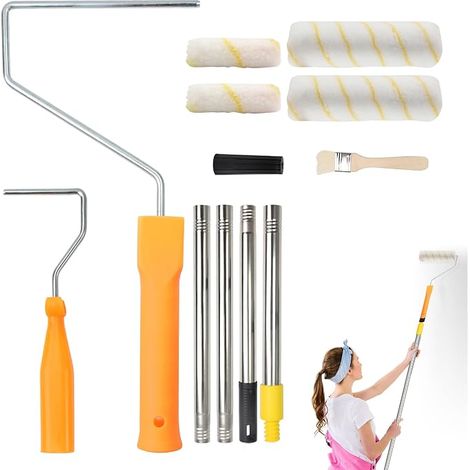Set Rouleau à Peinture, 4" et 9" Porte-Rouleau, 4x Manches Télescopiques Aluminium 30cm, 4 Housses et 1 Pinceau - Pour Murs et Plafonds (1/5)