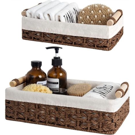 Brown rattan storage basket 25 x 15 x 8.1 cm + 30 x 20 x 9.9 cm for organizing toilet paper on the countertop, 2 pieces (1/5)
