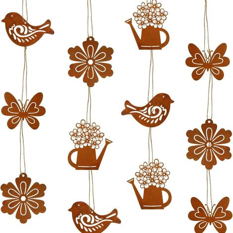 JSSEVN-12 Deco Jardin Exterieur,Pâques Pendentif en Métal Décoration,Décoration Jardin Métal Rouillé,Papillon Oiseau Fleurs Arrosoir Deco (1/5)