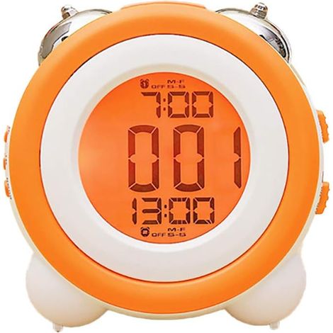 Einfacher Doppelwecker mit Nachtlicht und digitalen Alarmen, ideal fürs Schlafzimmer, orange. (1/5)