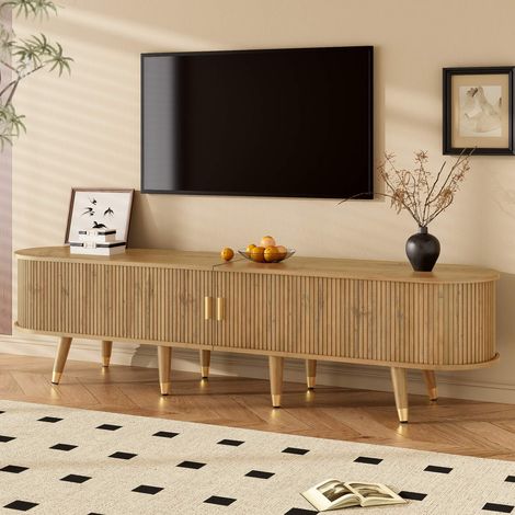 Meuble TV 175 cm effet bois avec porte coulissante, tiroirs, niches ouvertes, rangements, pieds et poignées dorés (1/5)
