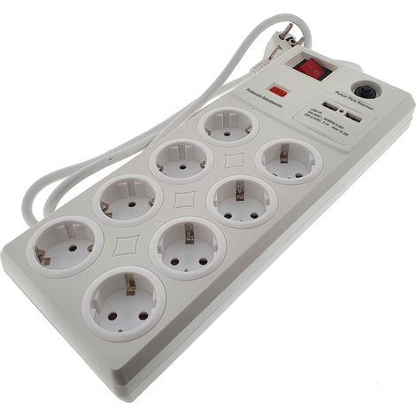Regleta de enchufe 8 Tomas con protección sobretensión e interruptor + 2 puertos usb