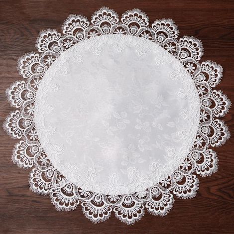 Rundes Jacquard-Deckchen mit Spitze, 60 cm, weiß, Tischdeko