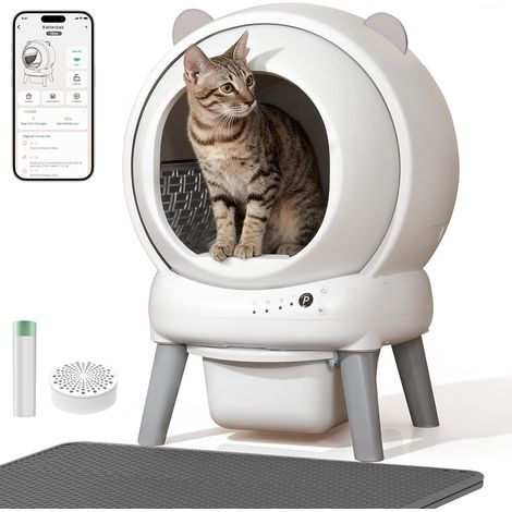 Litière chat autonettoyante capacité maximale de 65l, bac à litière pour chat alerte intelligente via contrôle app, surveillance santé, capteur infrarouge, adapté à de nombreux types de litière