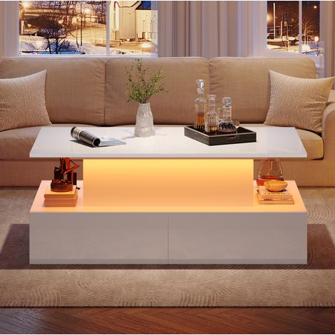 Couchtisch 90x55x41 cm Weiß aus Spanplatte mit LED-Beleuchtung, 4 Schubladen und ausziehbarer Platte (1/5)