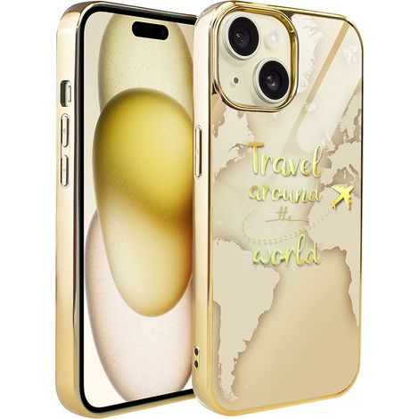 Funda ibizu Elite Glass 3D para iPhone 15, parte trasera de cristal, mapa del mundo dorado con la inscripción "Travel around the World", color dorado. (1/5)