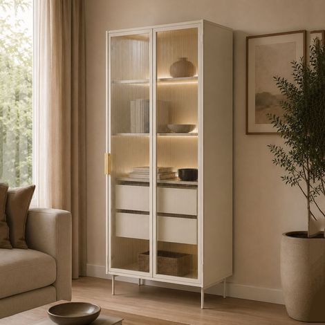 Vitrina Lafafasa, Mueble Expositor 4 Estantes, 2 Cajones, 2 Puertas, 92x39x195h cm Beige Cashmere (1/5)