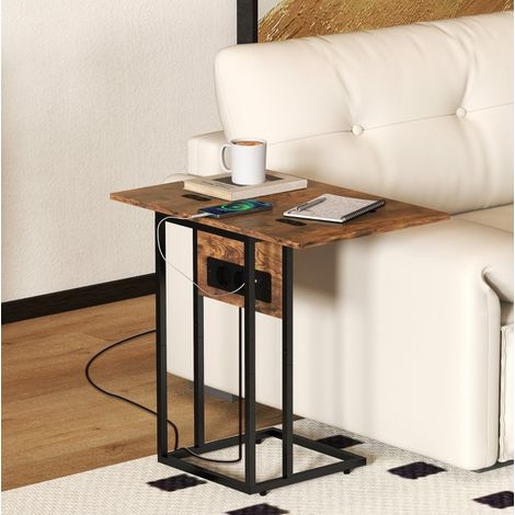 MEUBLIV Table d'appoint pliante en C avec station de charge USB, marron rustique 39x29x57 cm (1/5)