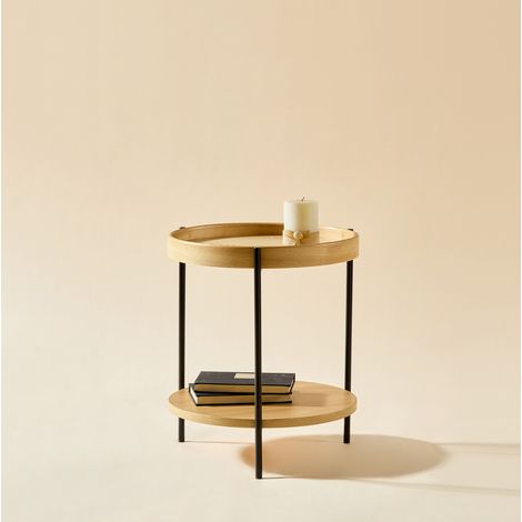 Mesa auxiliar redonda 44x44x48 cm de madera y metal natural, con almacenaje para salón FloraGrace (1/5)