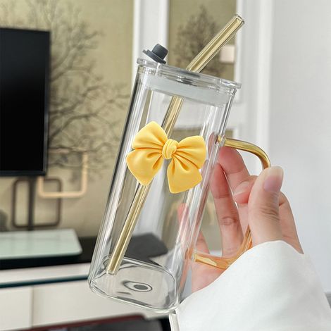 Verre À Boisson En Verre - 400 ml - Avec Poignée Et Couvercle - Paille En Verre Incluse - Décoration Papillon Détachable - Jaune (1/5)