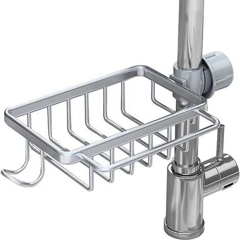 Porta spugne, supporto per rubinetto, organizer da appendere per lavello di cucina e bagno (argento)