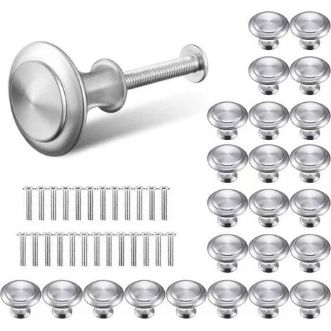 Lot de 25 poignées de meubles rondes argentées, boutons ronds argentés, poignées de cuisine en acier inoxydable de 30 mm (1/5)