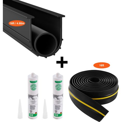 Joint de porte de garage, 4,88 m, kit de joint de seuils d'étanchéité universel pour bas de porte de garage, 2 pcs, en forme de U+O, bande en PVC résistante aux intempéries, avec adhésif, noir (1/5)