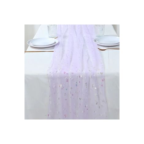 Nappe et chemin de table en mousseline pour mariage, anniversaire et fête, fond photo et arche, Composition : 150 × 100 cm, Couleur : violet clair (1/5)