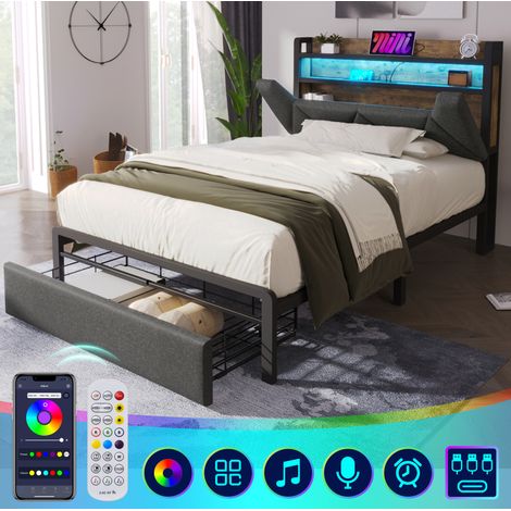 Einzelbett 90/200 cm grau aus Leinen mit LED-Kopfteil und Stauraum (1/5)