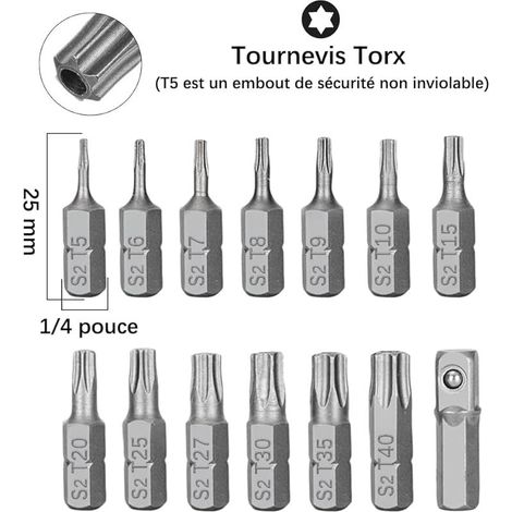 Lot de 14 Embouts de Tournevis Torx T5 - T40 Magnétiques 1/4" Hex Tige Embout S2 Acier Étoile Tête Sécurité Tamper Proof Torx Inviolable Tournevis Embouts (Longueur 25 mm) (1/5)