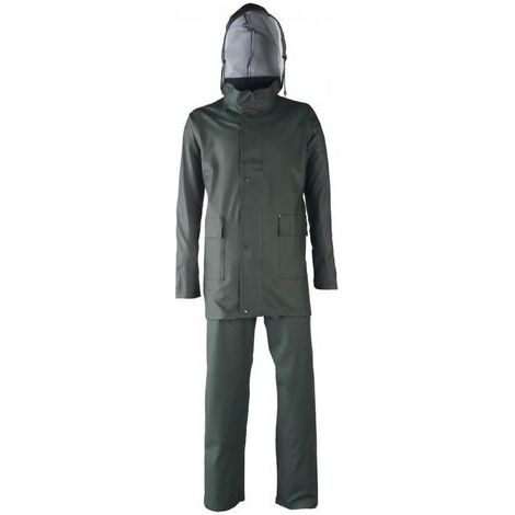 Ensemble Pluie Impermeable PU Polyester Vert - Veste Capuche + Pantalon - Coutures Soudees - Norme EN 343 - TXL - BTP Agriculture (1/3)