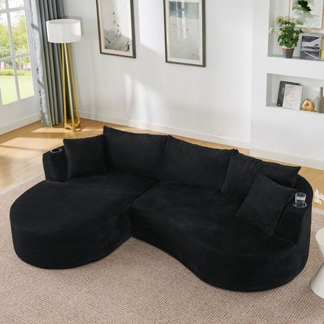 Canapé d'Angle 3 Places chaise longue à gauche tissu côtelé doux noir porte-gobelet intégré coussins inclus compressé sous vide (1/5)