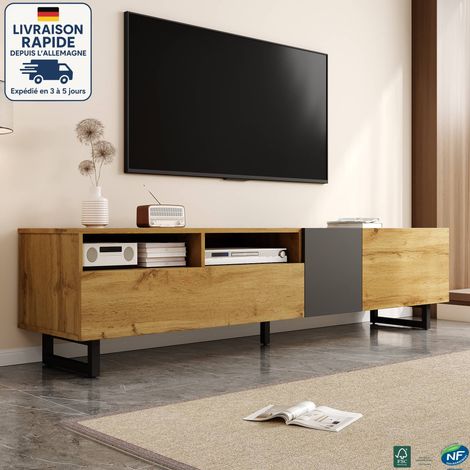 MODFU - Mobile TV a 3 ante con vano portaoggetti aperto, gambe in metallo a U, mobile TV in legno, 170×36×42cm, naturale (1/5)
