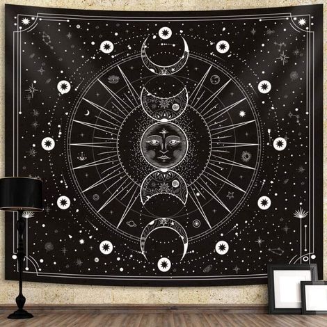 Psychedelischer Wandteppich mit Sonne und Mond, Tarot, Bohemian, Hippie, Indisches Mandala, Naturkunst, Heimdekoration, Wohnzimmer, Schlafzimmer, 100 x 150 cm. (1/4)