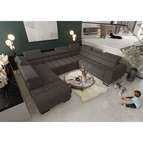 Wohnlandschaft Schlafsofa BASTIEN XL in Stoff Aragon Dunkelgrau Ottomane Links