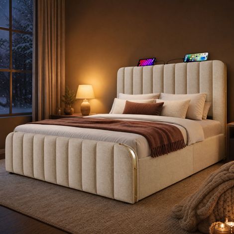 Letto 160x200 cm in lino beige con USB-C e contenitore, senza materasso – MEUBLIV (1/5)