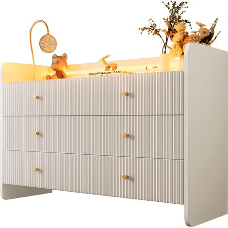 Commode Blanche 6 Tiroirs 120 cm, Buffet avec Éclairage LED, Design Ondulé 3D pour Salon et Chambre (1/3)